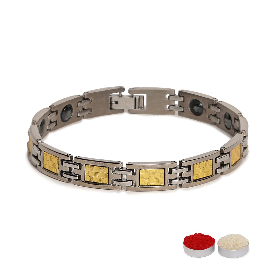 El Regalo 1 PC Designer Stainless Steel Bracelets Rakhi for Brother | 1 PC Anti Tarnish Chain Rakhi with Roli- Chanwal, Message Card in Rakhi Gift Box for Bhai/Bhaiya (Option-8)