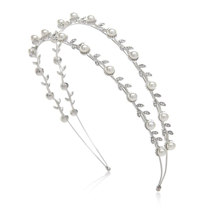 El Regalo Bridal Hair Accessory- Fancy Double-Layered Rhinestone & Pearl Vine Hairband for Girls & Women- Bridal, Bridesmaids HairBand (Silver)