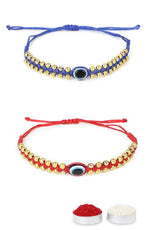 El Regalo 2PCs Simple Evil Eye Silver & Golden Beads Bracelet Rakhi Set for Brothers/Bhaiya-Bhabhi with Roli Chawal In Rakhi Gift Box- Elegant Rakhi for Bhai (Red & Blue Golden)