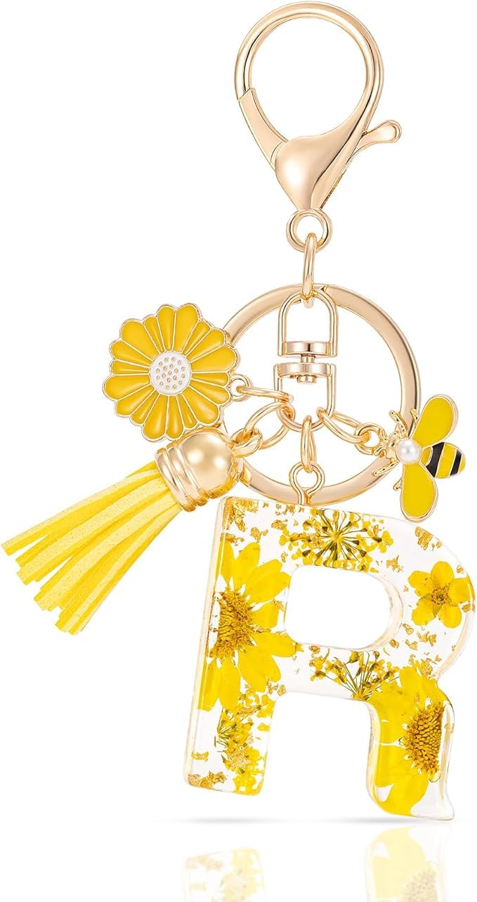 El Regalo Personalized Name Initials Natural Flowers & Bee Charm Keychain - Custom Letter Keyring with Daisy Flower & Honey Bee Pendant, Purse, Bag, Backpack Accessory (Letter R)
