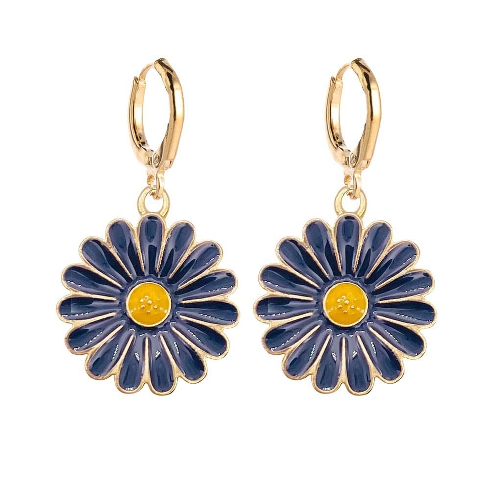 El Regalo 1 Pair Cute Daisy Flower Hook Earrings for Kids/Girls/Teens/Women- Hypoallergic Dainty Enamel Daisy Flowers Hook Earrings (Blue)