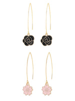 El Regalo 2 Pairs Beautiful Enamel Flowers Long Hook Earrings for Women/Girls - Cute Floral Charms Western Danglers (Pink & Black Flower)