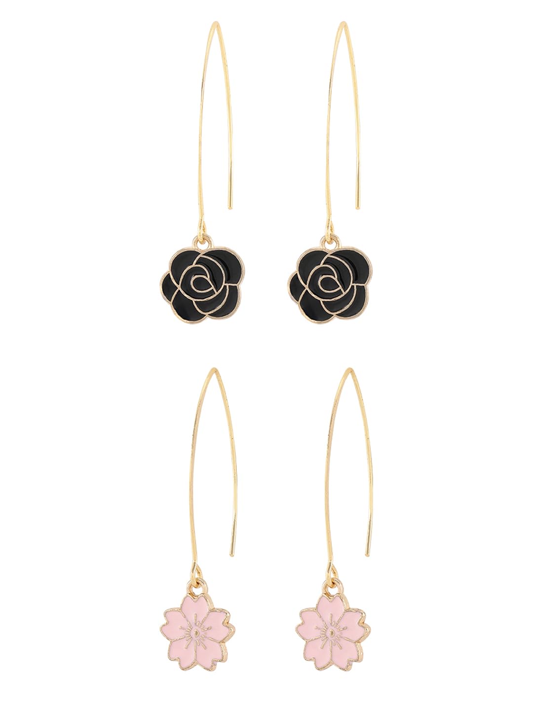 El Regalo 2 Pairs Beautiful Enamel Flowers Long Hook Earrings for Women/Girls - Cute Floral Charms Western Danglers (Pink & Black Flower)