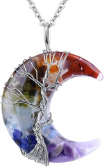 El Regalo Crescent Moon Wire Wrapped Tree of Life Stone Pendant Necklaces Natural Resin Quartz Gemstone Hippie Boho Jewelry for Girls Women (7 Chakra)