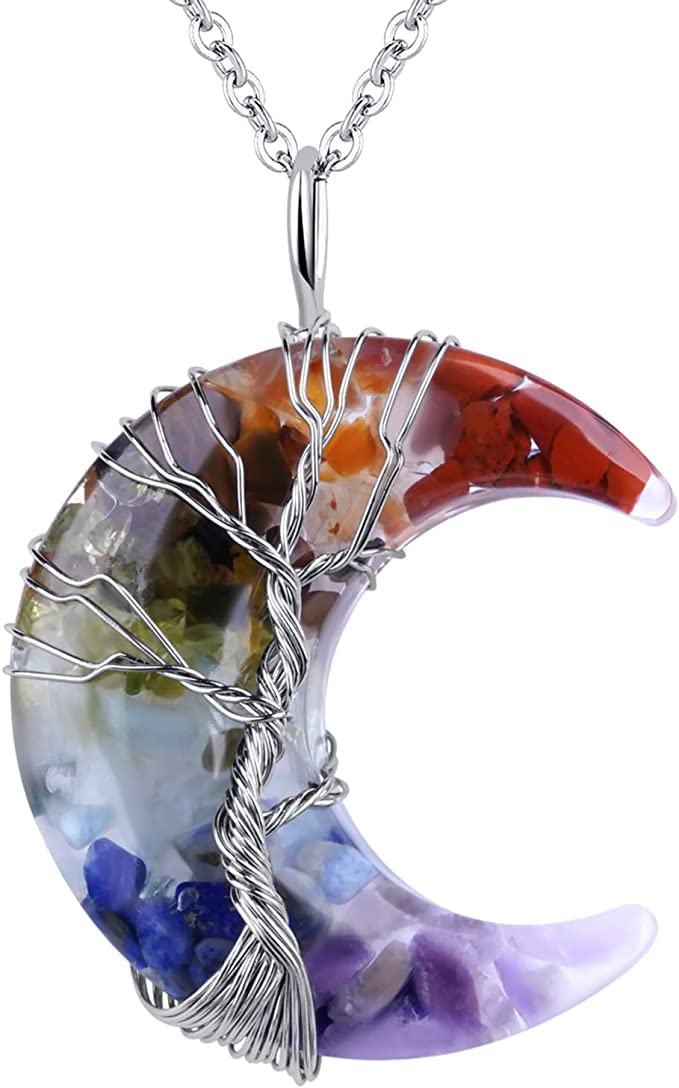 El Regalo Crescent Moon Wire Wrapped Tree of Life Stone Pendant Necklaces Natural Resin Quartz Gemstone Hippie Boho Jewelry for Girls Women (7 Chakra)