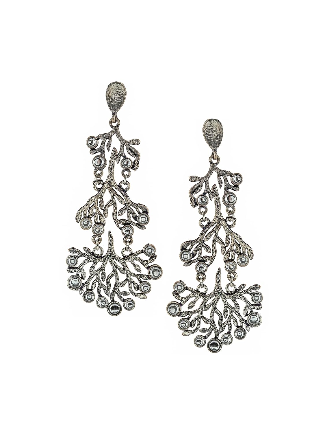 El Regalo Long "Tree of Life" Oxidized Silver Plated Stones Earrings - Ethnic Wedding Tassel Earring for Girls & Women