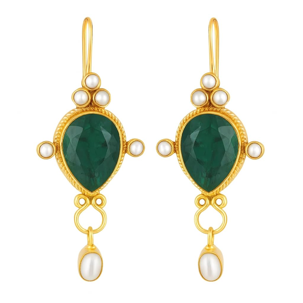 El Regalo Beautiful Traditional Drop Earrings with Pearls for Women & Girls - Elegant Gold Plated Hook Earrings (Green Emerald)