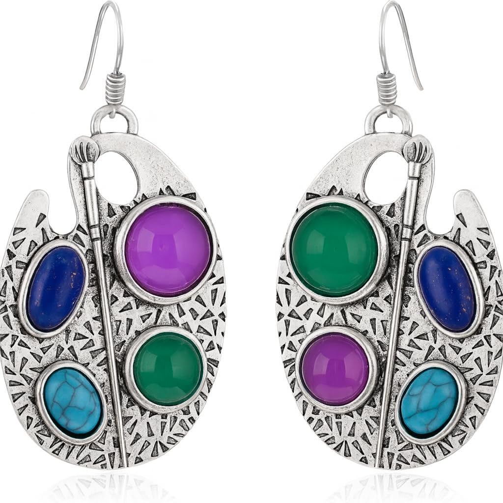 El Regalo Vintage Artist Palette Dangle Earrings for Women & Girls - Boho Silver Look Colorful Earrings for Artists