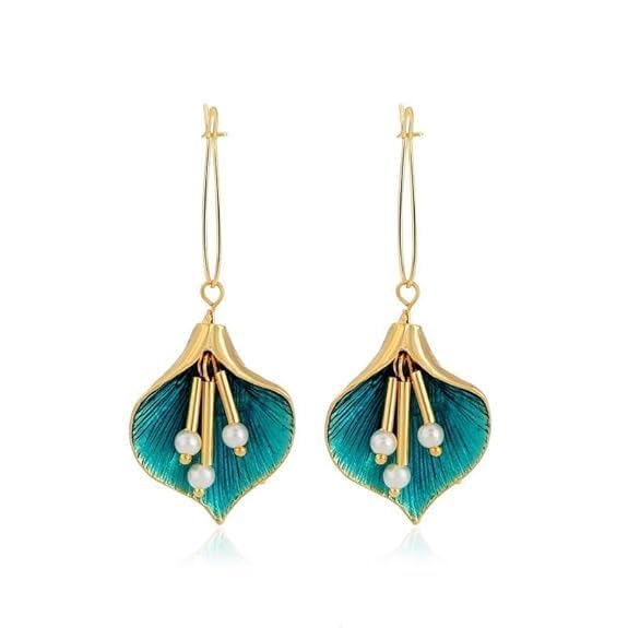 El Regalo Enamel Glaze Orchid Leaf Pearl Hook Earrings for Girls & Women- Retro Tassel Pearl Orchid Earrings