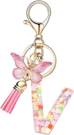 El Regalo Personalized Name Initials Butterfly Charm Keychain - Custom Letter Keyring with Pink Tassel & Butterfly Pendant, Purse, Bag, Backpack Accessory (V Letter)