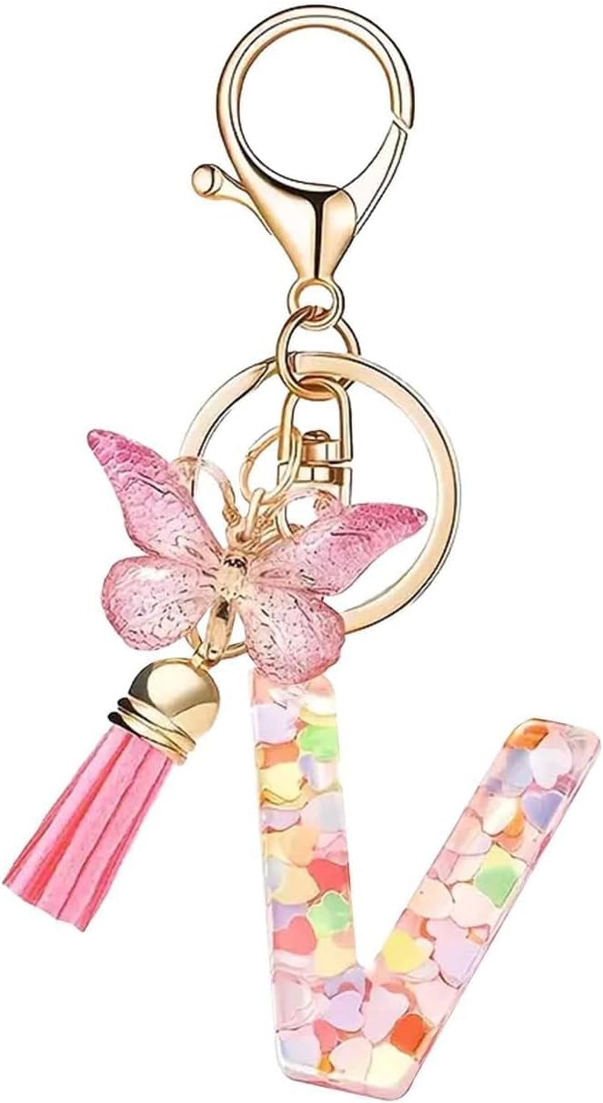 El Regalo Personalized Name Initials Butterfly Charm Keychain - Custom Letter Keyring with Pink Tassel & Butterfly Pendant, Purse, Bag, Backpack Accessory (V Letter)