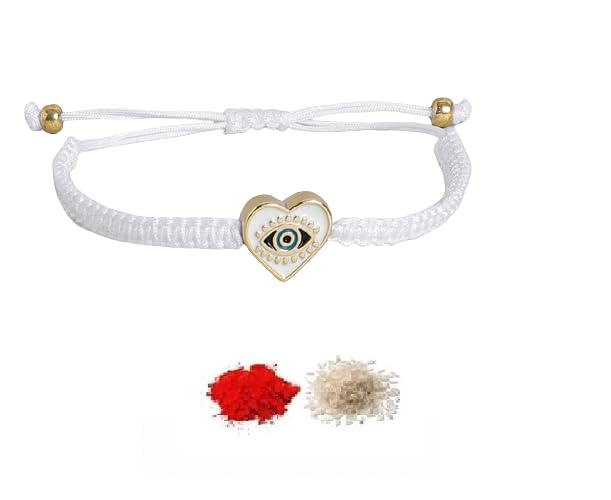 El Regalo 1 PC Heart Evil Eye Nazaria Rakhi for Brother- 1 PC Rakhi, Shagun Pack & Rakhi Message Card in Gift Box - Rakhi for Bhai/Bhabhi/Bhatija/Bhatiji (White Heart Evil Eye)