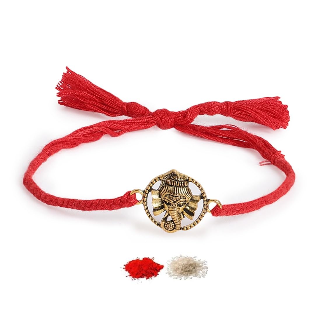 El Regalo OM Ganesha Red Thread Rakhi for Brother/Bhai/Bhaiya- Auspicious OM/Aum, Ganesha Rakhi with Roli Chawal Shagun, Rakhi Message Card in Rakhi Gift Box (Ganesha Gold)