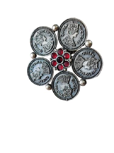 El Regalo Big Coin Flower Oxidized Finger Ring- Designer Victorian Cocktail Coins Adjustable Finger Ring for Girls & Women (Red)