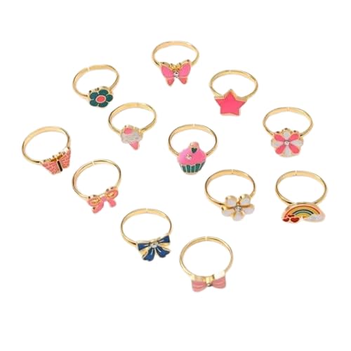 El Regalo 12 Pcs Cute Adjustable Rings Set for Kids/Girls/Women - Colorful Cartoon Enamel Finger Rings | Adjustable Cute Jewelry Gift Box - Butterfly, Flower, Bow, Heart, Cherry Designs (Style-2)