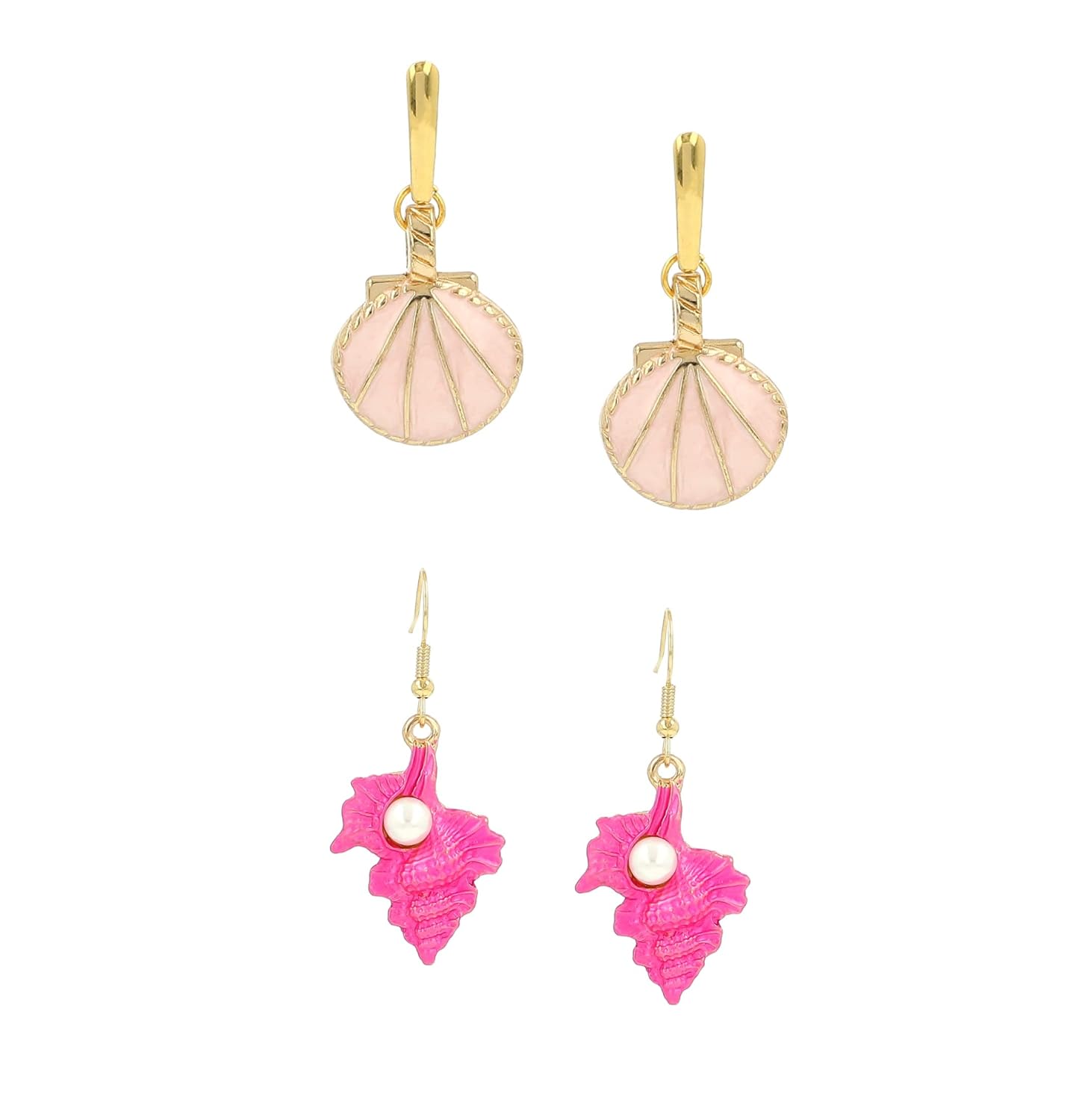 El Regalo 2 Pair Cute Enameled Dangle Studs Earrings Combo for Kids/Girls/Teens & Women- Bright Colors Shell-Flower- Heart-Pearls-Stars Charms Earrings (Option-2)