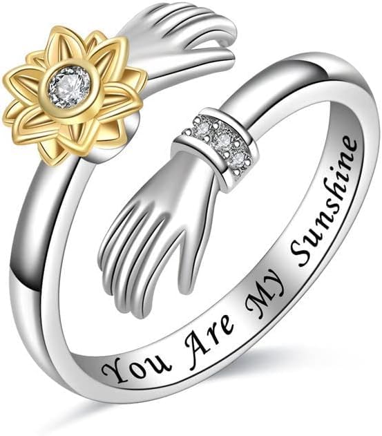 El Regalo Spinner Sunflower Zirconia Hug Ring- Adjustable 360 degrees Rotating Hugging Hands Ring for Girls/Women (You Are My Sunshine)