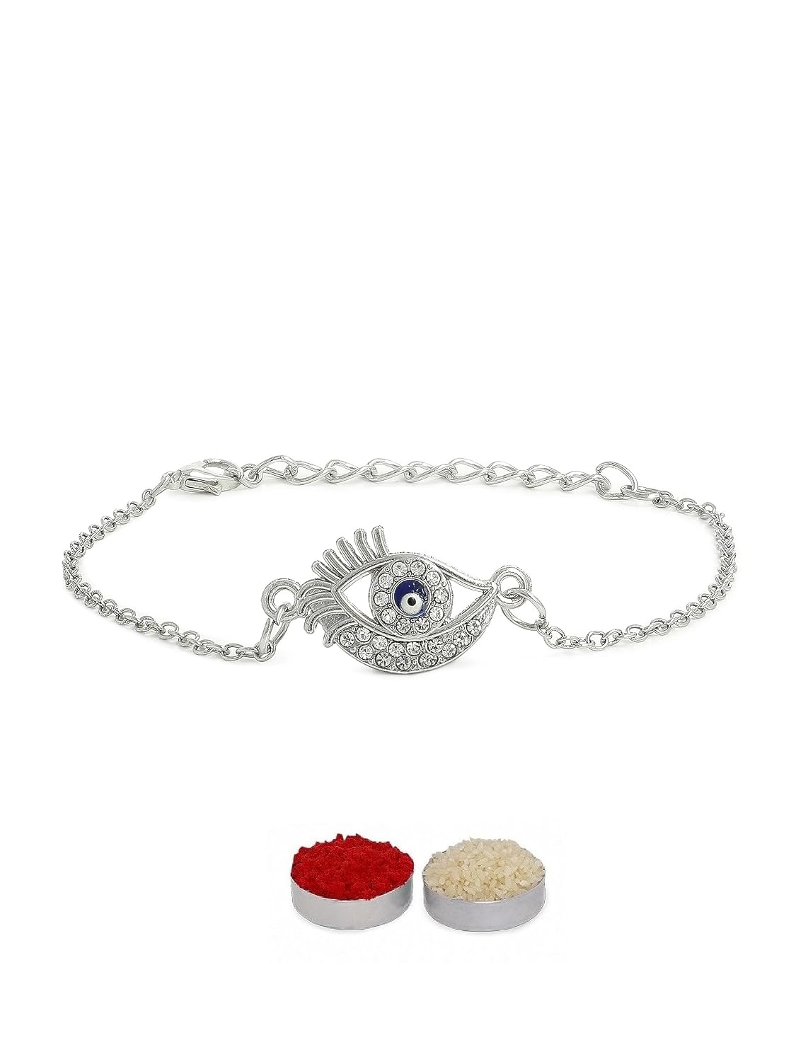 El Regalo 1PC Hamsa Hand CZ Evil Eye Chain Rakhi for Brothers | Lucky Evil Eye Rakhis with Roli Chanwal, Rakhi Message card in Rakhi Gift Box for Bhai/Bhabhi/Niece or Nephew (Silver Evil Eye)