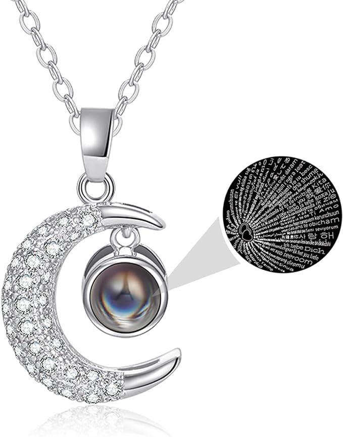 El Regalo Crescent Moon Projection Necklace for Girls & Women- I Love You Necklace 100 Languages for Women Girls Crescent Moon Necklace Romantic Jewelry Gift (Silver)