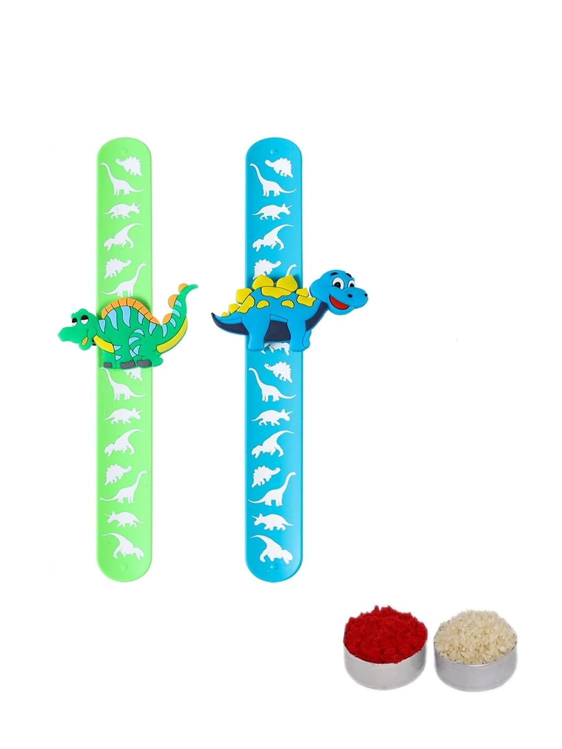 El Regalo 2PCs Kids Dianosaur Slap Band Rakhi for Little Brother or Sister- Colorful Dinosaur Fun Kids Rakhi with Roli Chawal in Rakhi Gift Box for Brother/Niece or Nephew (Blue & Green)