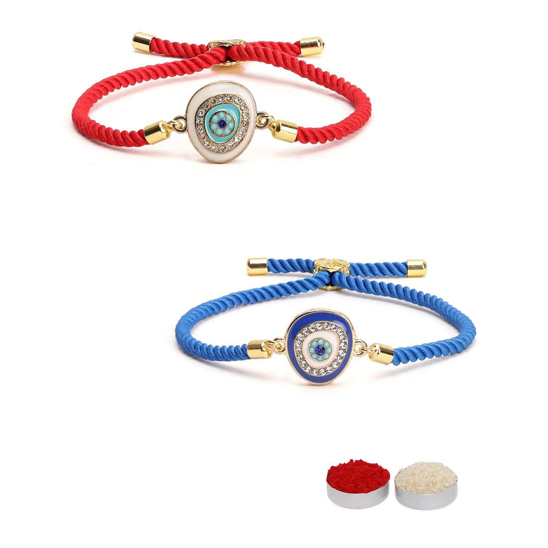 El Regalo 2PCs Designer Evil Eye CZ Rakhi Combo Set for Brothers/Bhaiya-Bhabhi/Brother-Nephew with Roli Chawal, Rakhi Message Card in Rakhi Gift Box
