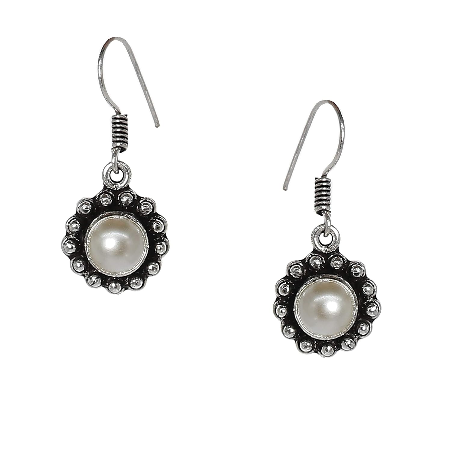 El Regalo Oxidized Silver Plated Tibetan Boho Earrings - Ethnic Tribal Gypsy Drop Pearl Earring for Girls & Women: Christmas Gift for Her (Round Flower)