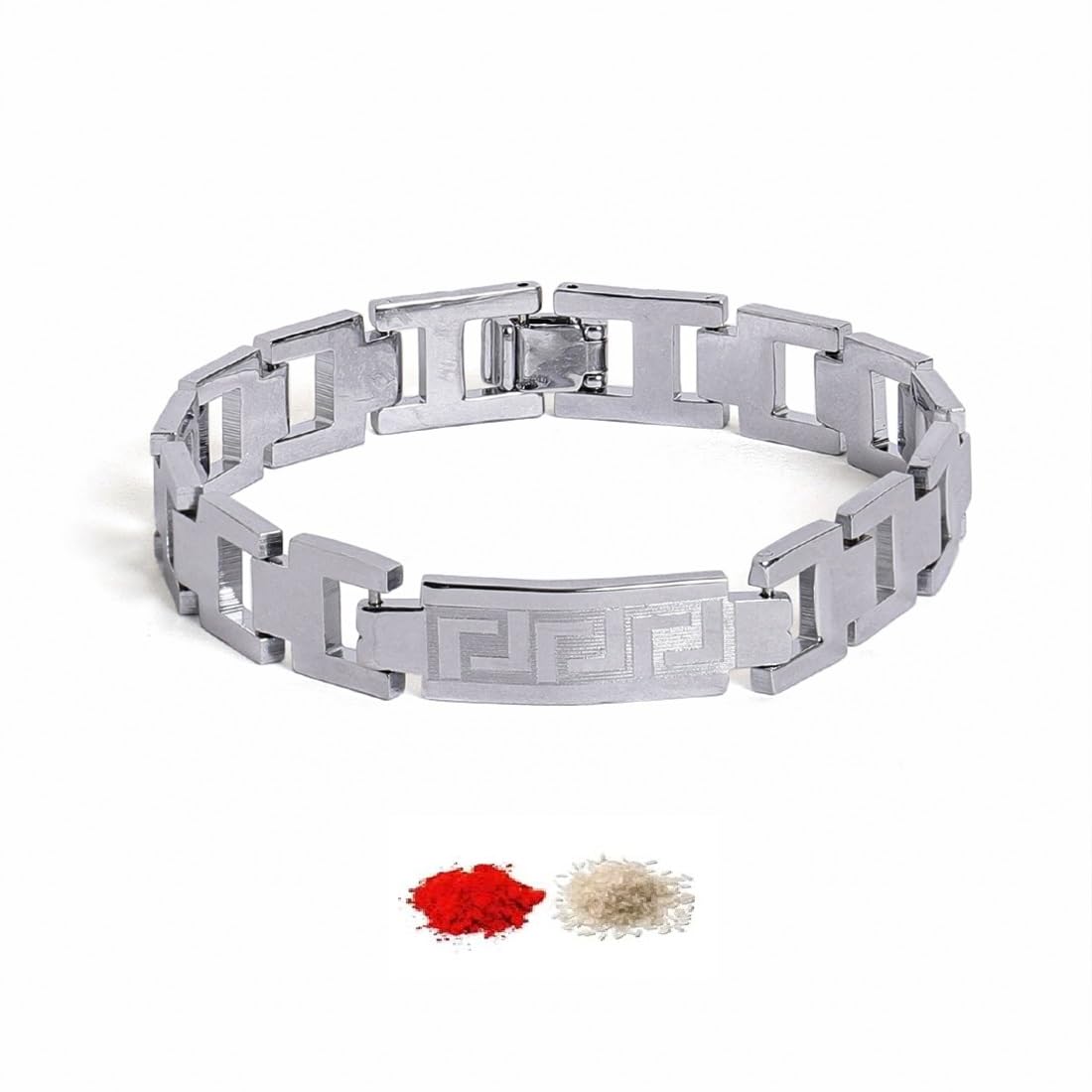 El Regalo 1 PC Designer Stainless Steel Bracelets Rakhi for Brother | 1 PC Anti Tarnish Chain Rakhi with Roli- Chanwal, Message Card in Rakhi Gift Box for Bhai/Bhaiya (Option-9)