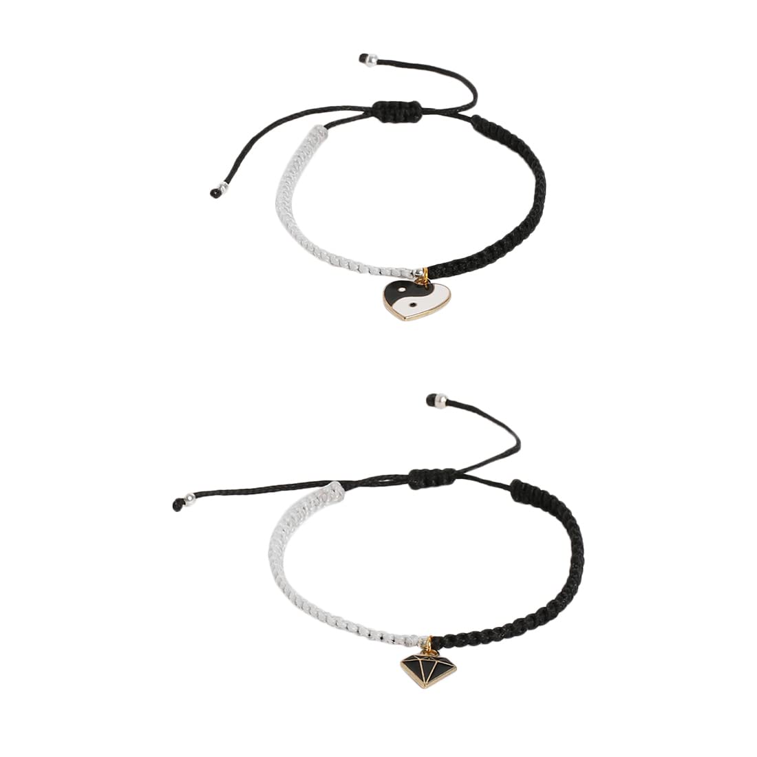 El Regalo 2 PCs Yin Yang Heart & Diamond Charms Handmade Macrame Unisex Couple Bracelets Set | Yin Yang Bracelet Set for Best Friends/Besties