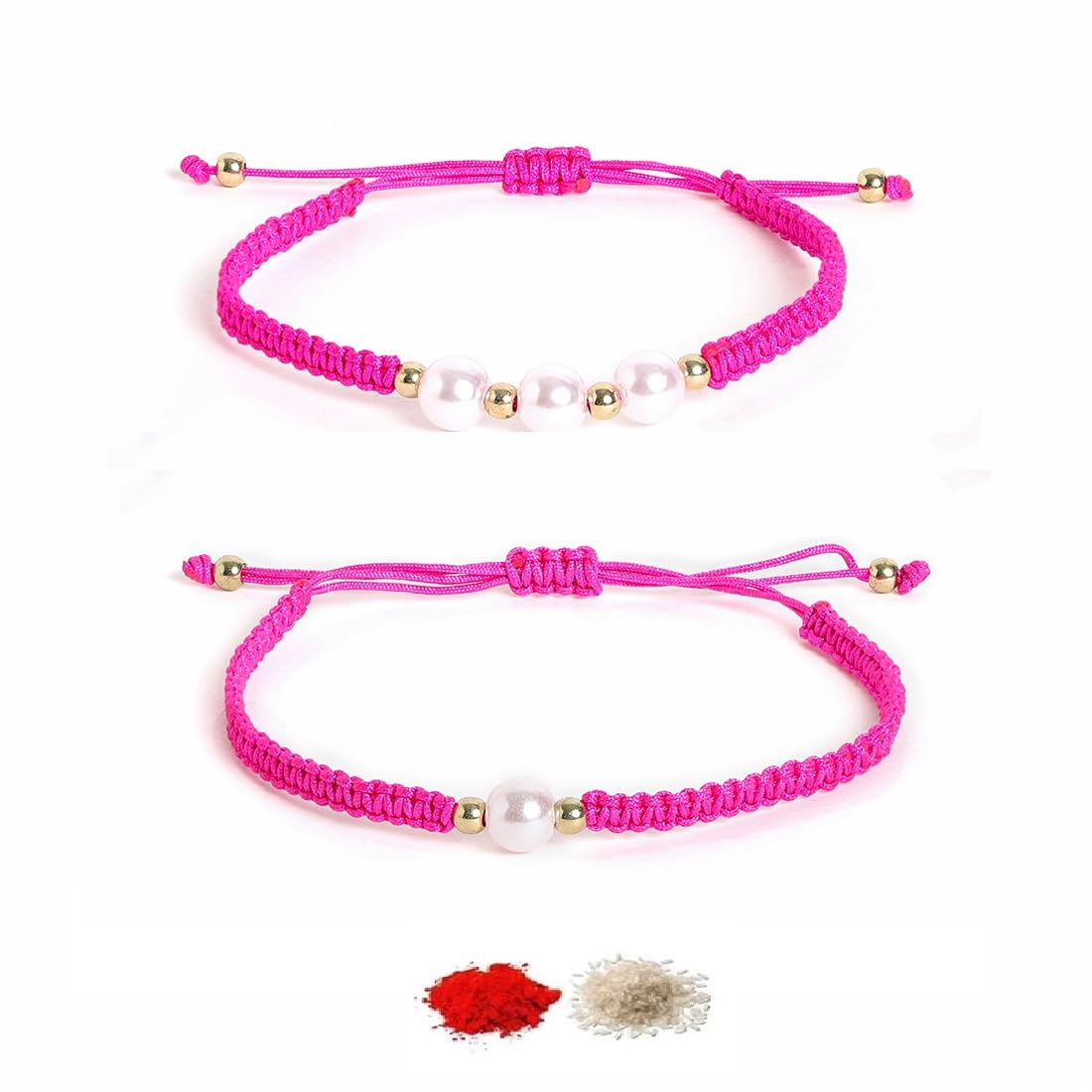 El Regalo 2PCs Pearls Rakhi Combo Set for Bhaiya-Bhabhi/Bhai- Bhatija/Bhatiji- Rakhi Gift Combo with 2 Pearls Rakhi, Roli-Chawal Shagun Pack, Message Card in Gift Box (Rose Pink)