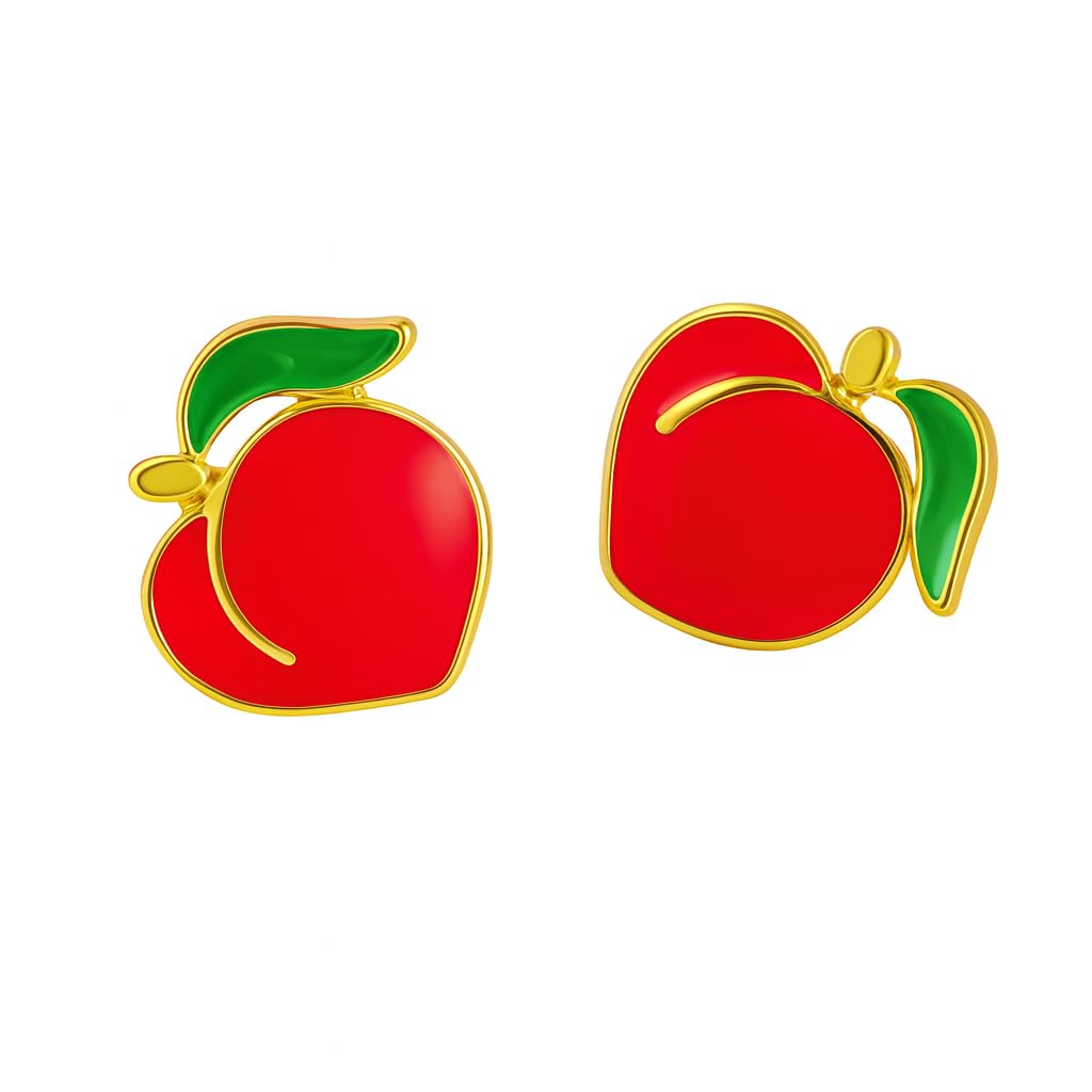 El Regalo Cute Gold Plated Stainless Steel Oil Drop Peach Stud Earrings for Girls & Women | Hypoallergenic Fruit Themed Fashion Earrings (Red)