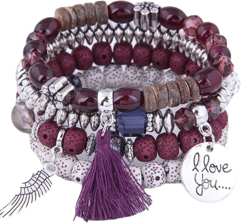 El Regalo 4Pcs/Set Vintage Bohemia Style Wing Beads Tassel Unisex Bracelet - Stackable Multi-layer Modern Charm Bracelets with Wings and I Love You Charms Bracelets (Wine)