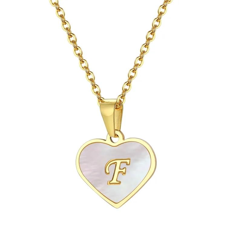 El Regalo Unisex Personalized Heart Name Initial Letters Pendant Necklaces - Stainless Steel Golden Heart Mother of Pearl Name Initials Letters Jewelry - Hypoallergenic Cursive Letters (A-Z) (F)
