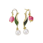 El Regalo Romantic Tulip Summer French Vintage Oil Dropping Flower Pearl Earrings- Light & Luxury Retro Pink Flower Pearl Stud Earrings