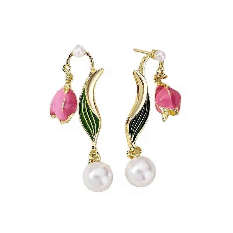 El Regalo Romantic Tulip Summer French Vintage Oil Dropping Flower Pearl Earrings- Light & Luxury Retro Pink Flower Pearl Stud Earrings