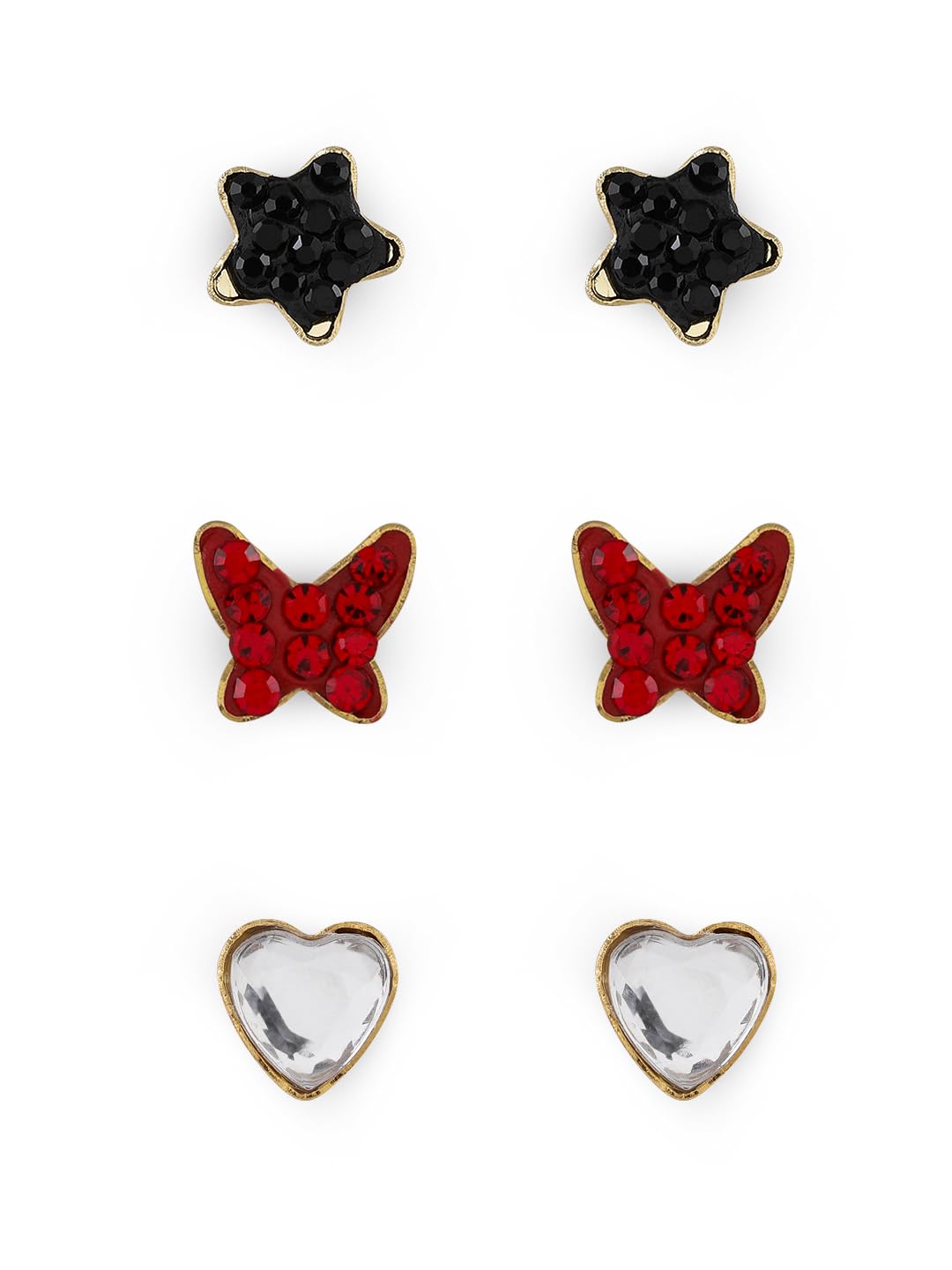 El Regalo 3 Pairs Cute Stainless Steel CZ Stud Earrings Combo for Kids/Girls/Teens/Women - Stars, Heart, Flower, Butterfly, Disco Ball, Stones - Hypoallergenic Flatback Earrings (Style-9)