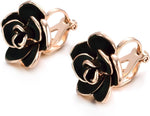 El Regalo Black Rose Flower Vintage Clip On Fake Stud Earrings for Women & Girls - No Piercing Required, Black Gypsy Wild, Gold-Plated Earring Clips for Non-Pierced Ears