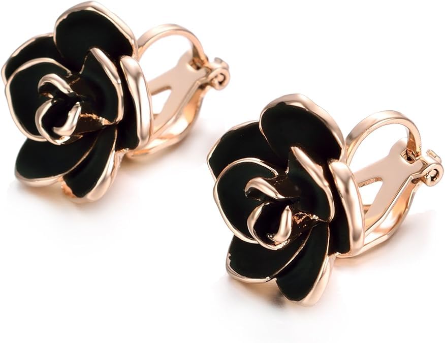 El Regalo Black Rose Flower Vintage Clip On Fake Stud Earrings for Women & Girls - No Piercing Required, Black Gypsy Wild, Gold-Plated Earring Clips for Non-Pierced Ears