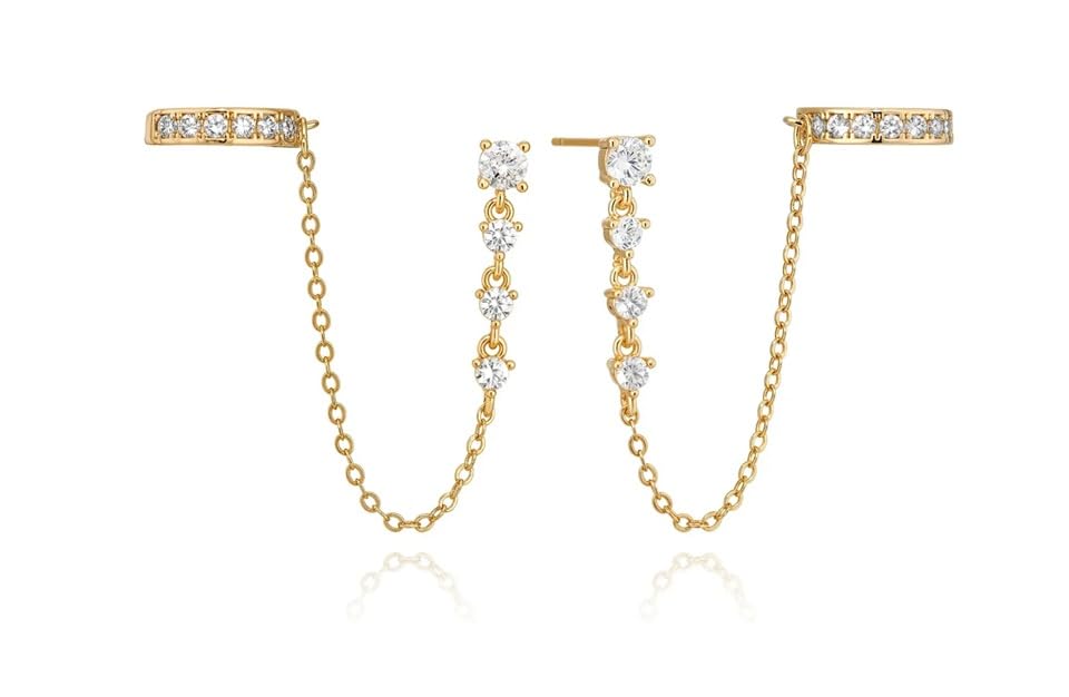 El Regalo Elegant Crystal Studded Chain Cuff Earrings for Women & Girls | Handcrafted Diamond-Cut Cubic Zirconia Linked Ear Cuff with Hanging Chain | Gift for Her