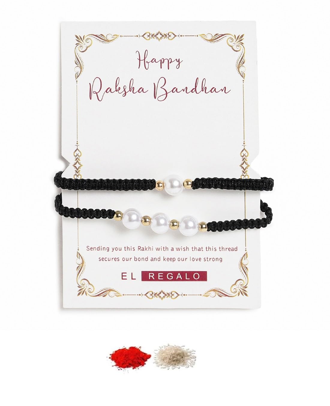 El Regalo 2PCs Pearls Rakhi Combo Set for Bhaiya-Bhabhi/Bhai- Bhatija/Bhatiji- Rakhi Gift Combo with 2 Pearls Rakhi, Roli-Chawal Shagun Pack, Message Card in Gift Box (Light Blue)