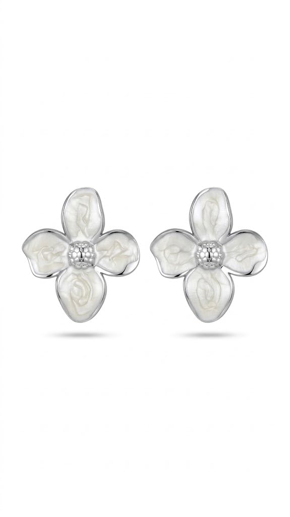 El Regalo Luxurious Oil Drip Flower Stud Earrings for Women & Girls | Stainless Steel Floral Studs | Anti-Tarnish, Skin Friendly Enamel Jewelry | Gift for Her (Floral Collection) (White- Silver)