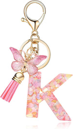 El Regalo Personalized Name Initials Butterfly Charm Keychain - Custom Letter Keyring with Pink Tassel & Butterfly Pendant, Purse, Bag, Backpack Accessory (K Letter)
