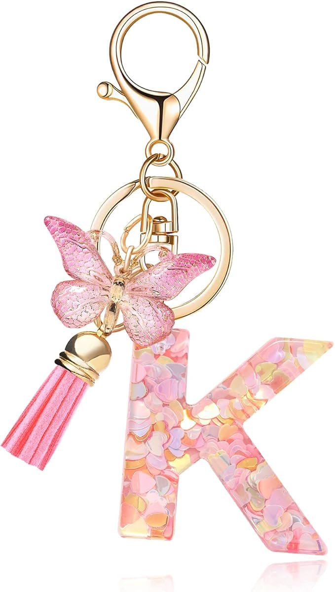 El Regalo Personalized Name Initials Butterfly Charm Keychain - Custom Letter Keyring with Pink Tassel & Butterfly Pendant, Purse, Bag, Backpack Accessory (K Letter)