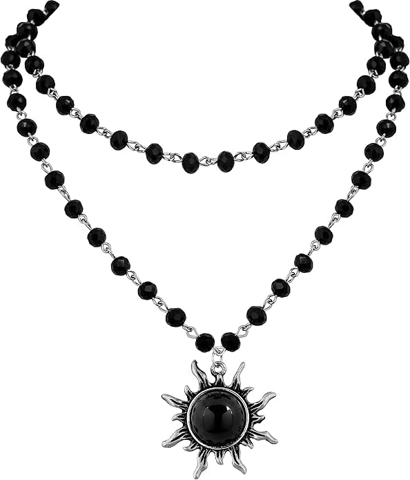 El Regalo Gothic Black Bead Sun Pendant Choker Necklace for Women & Girls - Vintage Goth Boho Jewelry | Statement Sun Charm Beaded Necklace for Party, Festival, Casual (Black Onyx)