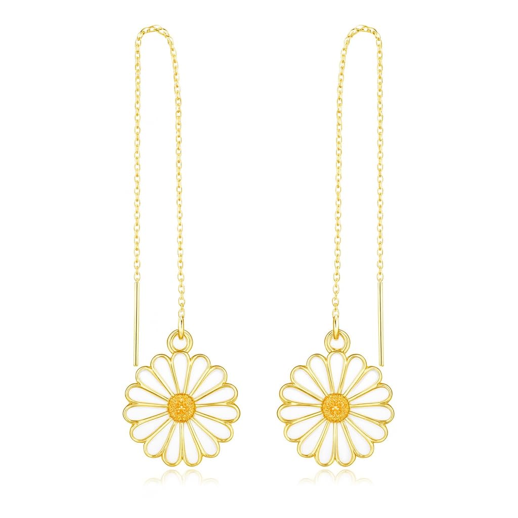 El Regalo Enamel Daisy Flower Threader Drop Earrings- Cute Flower Ear Line Earrings for Girls & Women- Valentines Day Gift for Her