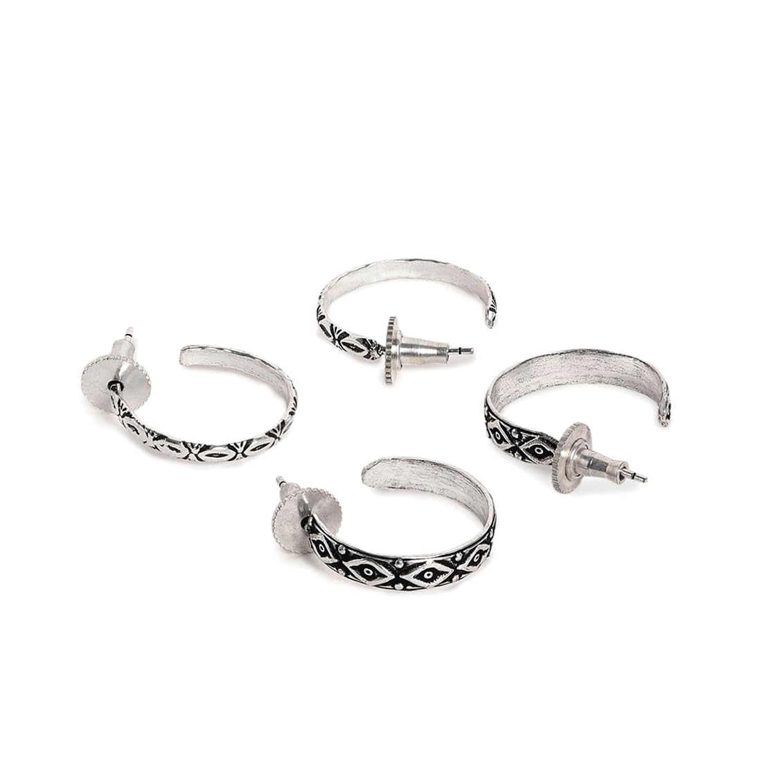 El Regalo 2 Pairs Tribal Oxidized Half Hoop Earrings, Huggie Earrings- Hammered Bohemian Oxidized German Silver Baali Earrings (Option-3)