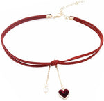 El Regalo 1PC Heart Pearls Red Lace Velvet Choker Pendant Necklace for Girls & Women