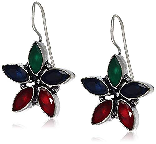 El Regalo Oxidized Silver Brass Earrings with Stones for Girls & Women Vintage Flower Oxidized Earrings for casual outing and get together