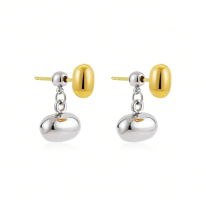 El Regalo Tiny Two Tone Teardrop Stud Earrings for Girls & Women- 2-in-1 Gold Silver Front Back Oval Bean Dangle Earrings