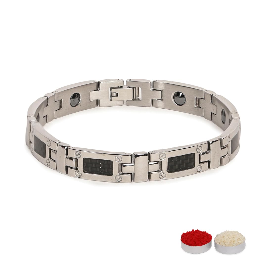 El Regalo 1 PC Designer Stainless Steel Bracelets Rakhi for Brother | 1 PC Anti Tarnish Chain Rakhi with Roli- Chanwal, Message Card in Rakhi Gift Box for Bhai/Bhaiya (Option-1)