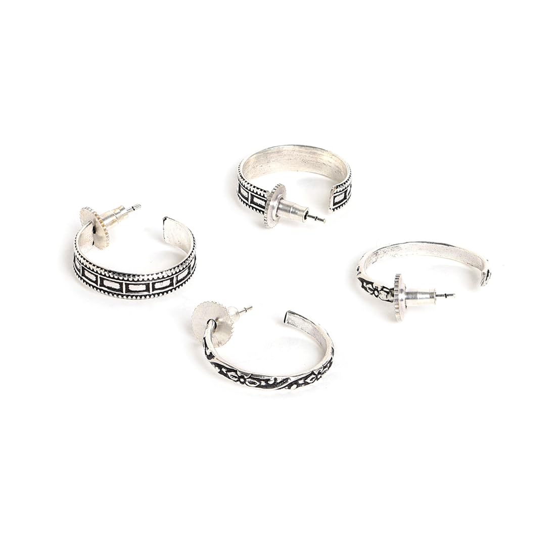 El Regalo 2 Pairs Tribal Oxidized Half Hoop Earrings, Huggie Earrings- Hammered Bohemian Oxidized German Silver Baali Earrings (Option-1)